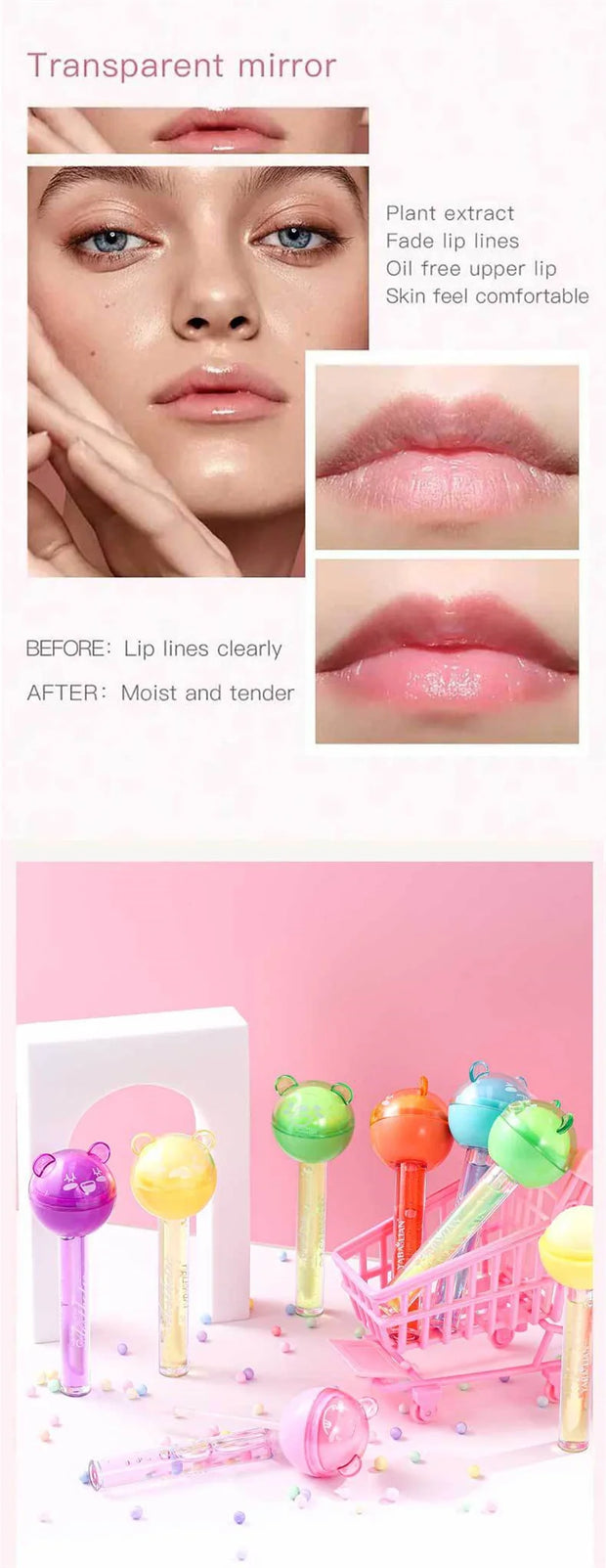 2 In 1 Cute Lollipop Lip Gloss Lasting Moisturizing Plumping Lip Plumper Mineral Oil Lip Nutritious Lip Enhancer Liquid Makeup