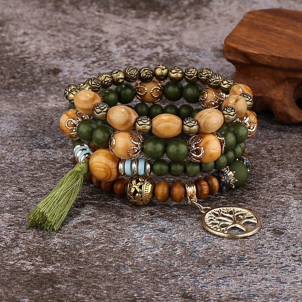 4Pcs Bohemia Tree of Life Charm Beaded Bracelet Set for Women Handmade Wood Beads Chain Bangle Female Boho Jewelry Accessories