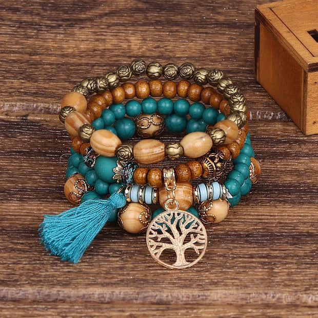 4Pcs Bohemia Tree of Life Charm Beaded Bracelet Set for Women Handmade Wood Beads Chain Bangle Female Boho Jewelry Accessories