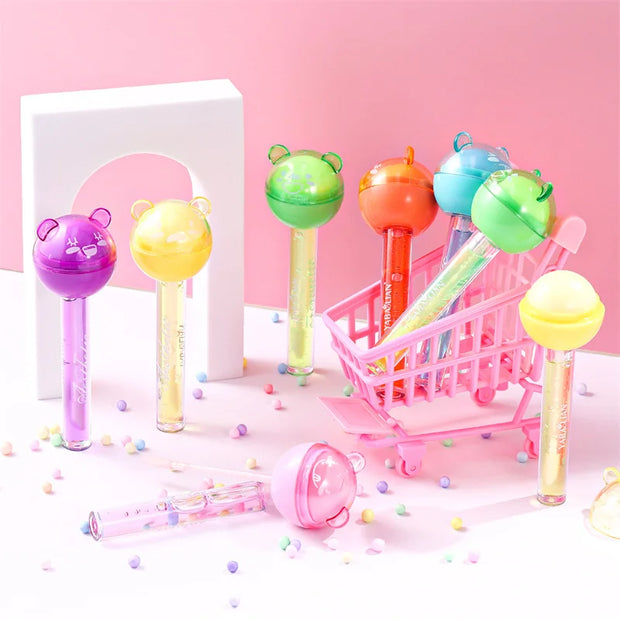 2 In 1 Cute Lollipop Lip Gloss Lasting Moisturizing Plumping Lip Plumper Mineral Oil Lip Nutritious Lip Enhancer Liquid Makeup